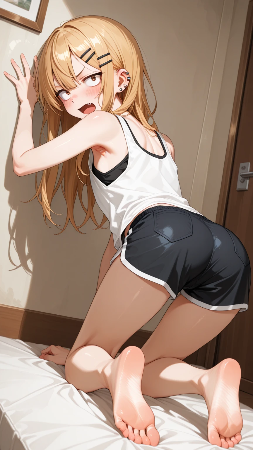  on bed closeup on cameltoe vag , peeing pee cum 1girl in, Yuuki Asuna, Brown hair, Brown eyes, medium breasts, Long hair, braid , black tank top , tight t shirt ,braid ,no gloss ,matt black pantscute cameltoe Ultra High Quality looking very shy , touching own squeezing peeing pee cameltoe big big blog in pants  , best_quality:1.0), ultra high res,4K,ultra-detailed, photography, 8K, HDR, highres, absurdres:1.2, Kodak portra 400, closeup on cameltoe