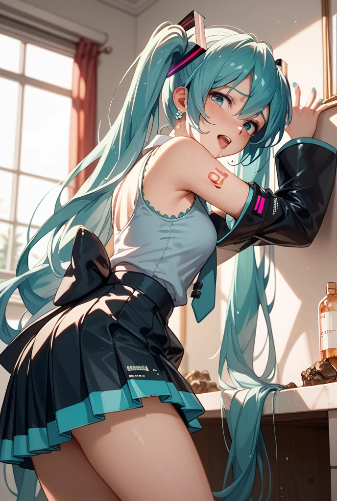 Hatsune miku, transparent skirt, ultra realistic, twerking, bottom up back sit view, epic perspective, ????????