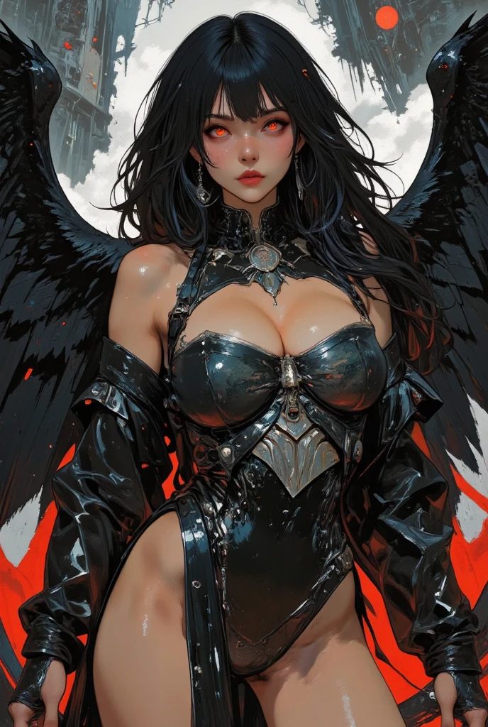 Demon with wings, beautiful Latin woman, long wavy black hair, tanned skin, seductive face, large and expressive eyes, spectacular body, wears a thin red tunic, transparent, coming down from the sky she displays enormous wings below the waist of beautiful and dense plumage black, background, torments. Bright red and ocher colors, blurred background, realistic, hyper-realistic image, high-resolution photographic quality.