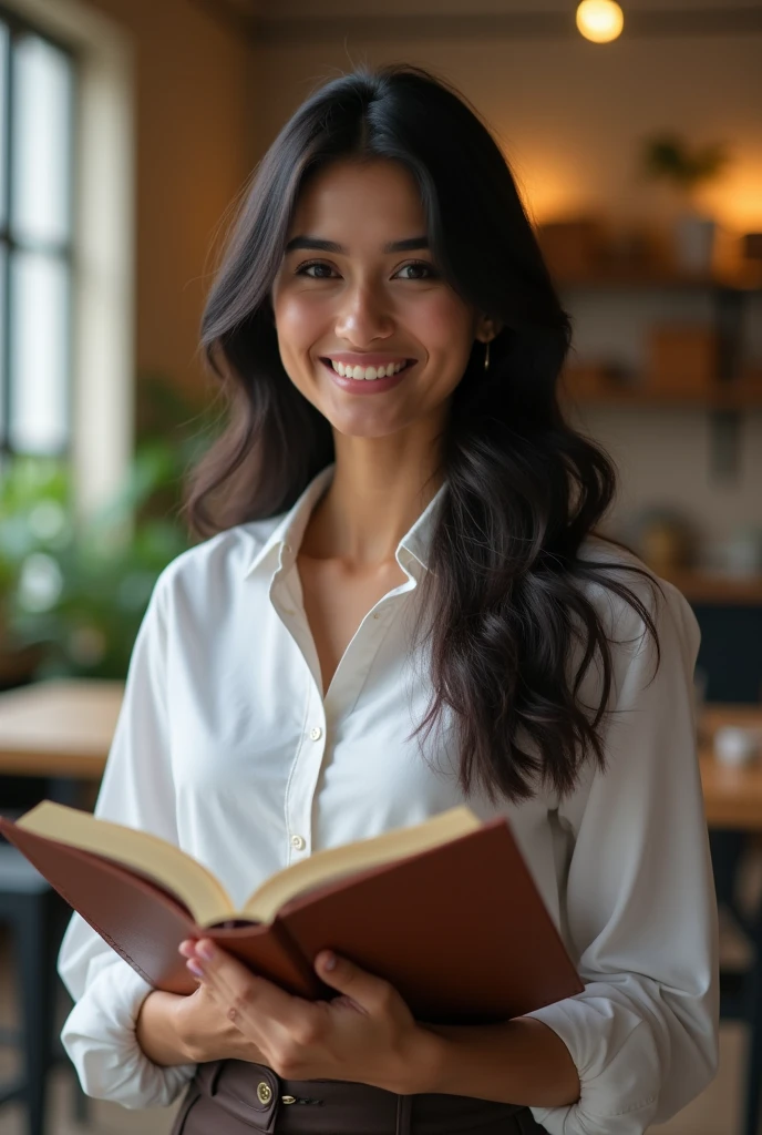 Beautiful 26 years old woman, 170cm high, 60kg weight, white skin, long curly dark hair, light gray eyes, wearing black vest, long skirt, coffee shop, reading a book in a coffee shop, close to the window, natural morning light, realistic portrait, highly detailed, analog style, deep cleavage, breast, (((full body))) laughing out loud