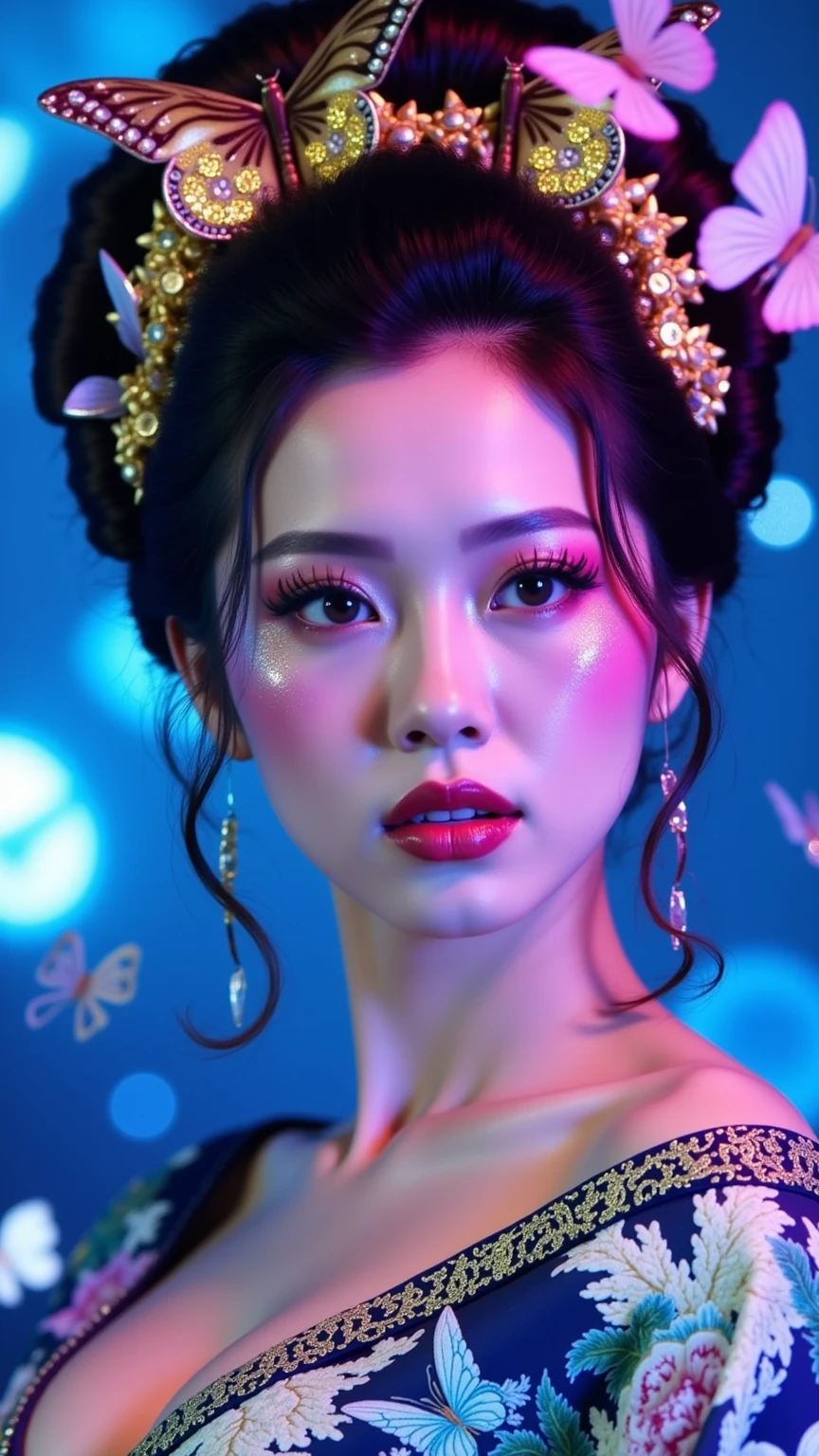 a beautiful korean female model, intricate body painting, invisible lingerie, detailed facial features, long eyelashes, glossy lips, elegant posing, dramatic lighting, photorealistic, high quality, 8k, hyperrealistic, chiaroscuro, cinematic, dramatic shadows, glowing skin, lush colors, dreamlike atmosphere