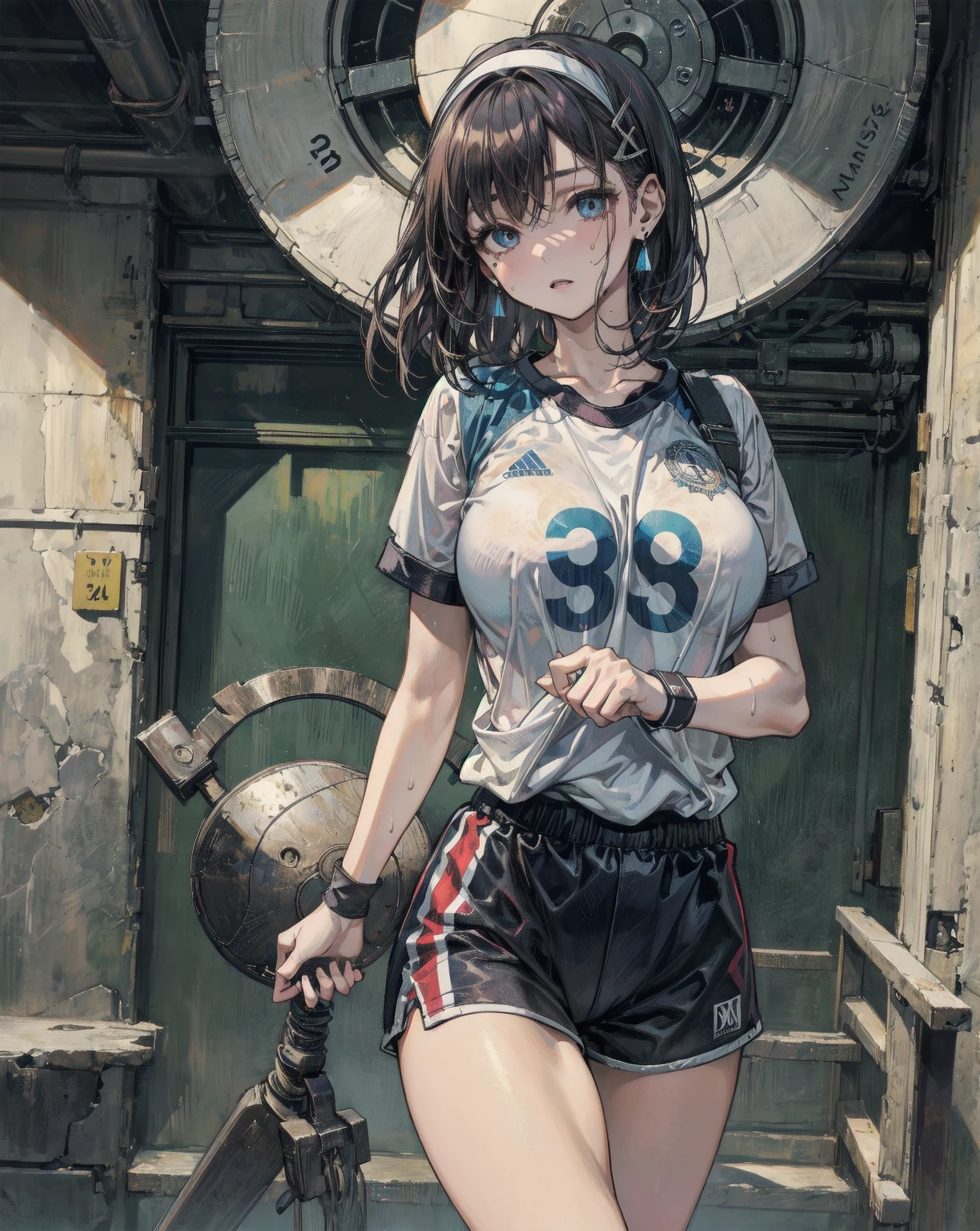 (((extremely fine lineart))), (masterpiece,best Quality,Perfect Anatomy),extremely beautiful detai led anime face and eyes,cowboy shot,nsfw,(female slave),27 years old、Beauty、solo, brown hair,long hair,brown eyes,sad,small open mouth、slender body,very small head:1.3、medium breasts,brown skin,gleaming skin,oily skin,shiny skin,sweat,(handcuffs,chain,torn white t-shirt、perfect white panties),kneeling,many people in the background、Ruined Tokyo、apocalyptic world、