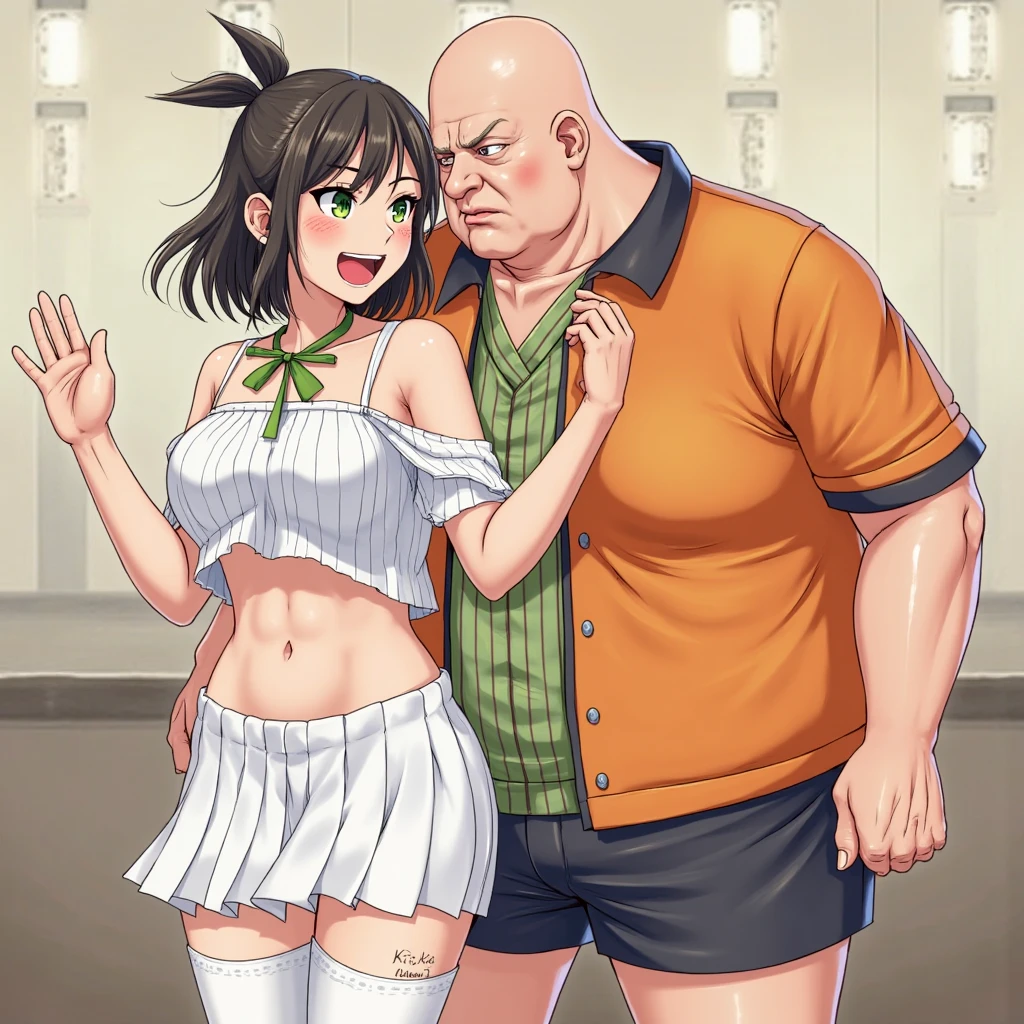 (masterpiece, highest quality:1.2),(masterpiece, highest quality:1.2), couple、men and women、A fat, ugly man with very small eyes、A beautiful woman with a boyish hairstyle and extremely small bust、hugging each other、anime、anime cel style、
