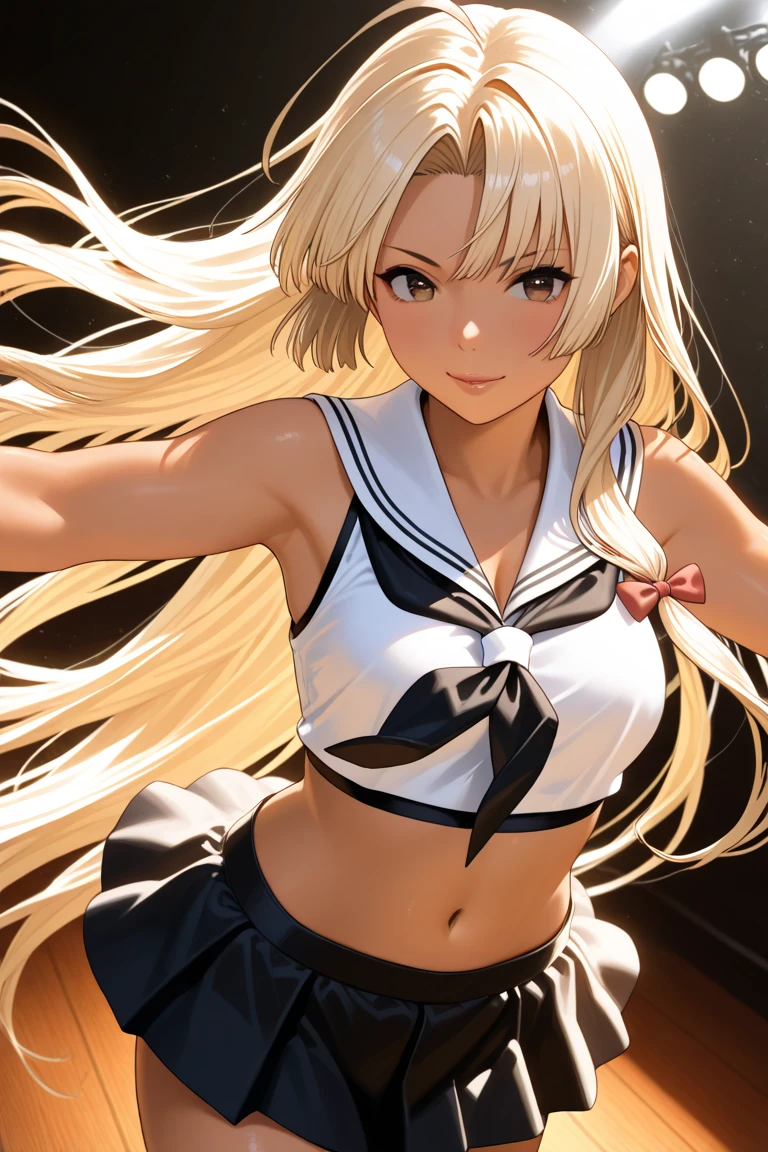 rensouhou-chan, shimakaze (kancolle), 1girl, solo, long hair, breasts, looking at viewer, blush, skirt, blonde hair, large breasts, simple background, hair ornament, thighhighs, gloves, white background, navel, hair between eyes, closed mouth, underwear, , collarbone, yellow eyes, pleated skirt, hairband, serafuku, sleeveless, elbow gloves, striped, white gloves, miniskirt, sailor collar, blue skirt, crop top, wet, neckerchief, sideboob, skindentation, highleg, black hairband, blue sailor collar, striped thighhighs, alternate breast size, microskirt, black neckerchief, anchor hair ornament