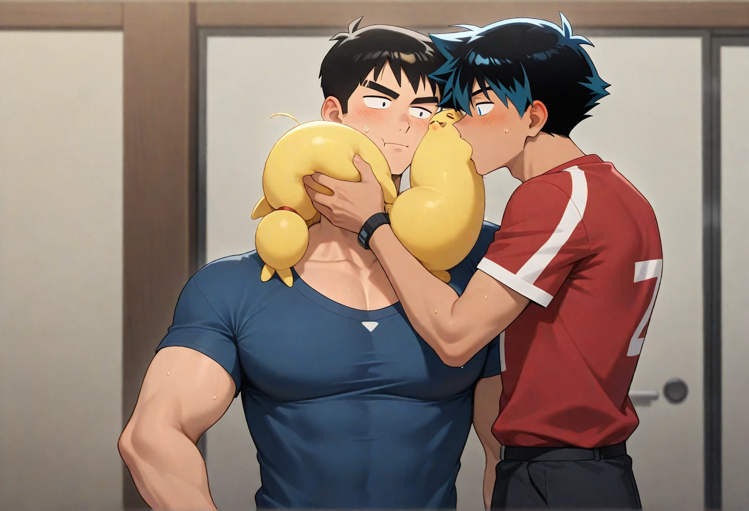 ((anime, best quality, yaoi, very aesthetic, by seraziel:1.2, by bartolomeobari:1.2, by hungry_clicker, by optionaltypo:1.2, nsfw, official_art, Capcom, oral sex:1.2, handjob, excessive cum, big penis, erection, standing around table, young adult, slender, , cum puddle, arm around shoulder:1.2, pants down:1.2, ejaculation)), 3boys, pizza delivery boys, (3 pizza delivery boys ejaculating on a pizza, delivery boy cap), table at front, pizza, cum covered, cocky smile, blush, mocking, excesive cum, living room, goatee, slim, male orgasm, climax, arousing, thick cum, cum on food,<lora:EMS-179-EMS:-0.200000>