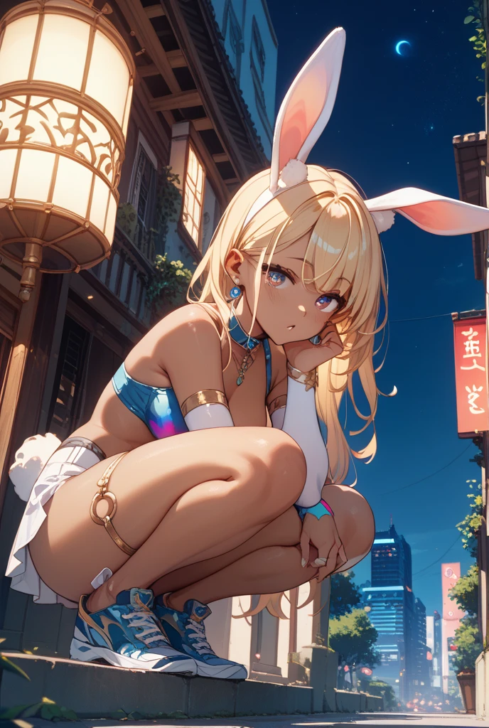 Background is park after rain, rainbow in the sky, fusion of rain poncho and frog, see-through rain poncho, rain poncho on swimsuit, rabbit ears, cinematic lighting, thick eyebrows, small, pigtails, beautiful blonde, braid, (masterpiece), ((best quality)), (super detailed), full body beast girl , clean and detailed face, beautiful eyes in high resolution, five fingers, textile shading, Perfect human structure, perfect anatomy,