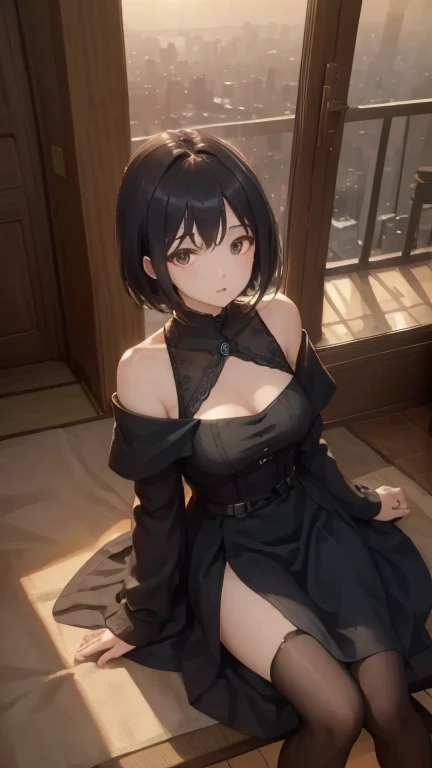 Long black hair,black coloured princess dress, massive sized , lying straight down to the ground,lying on the garden, thigh legs,blue colour eyes, ultra realistic detailed shiny blue eyes, beautiful and perfect face, sunlight and garden background, Violet Evergarden's hairstyle, black hair, bright blue colour eyes