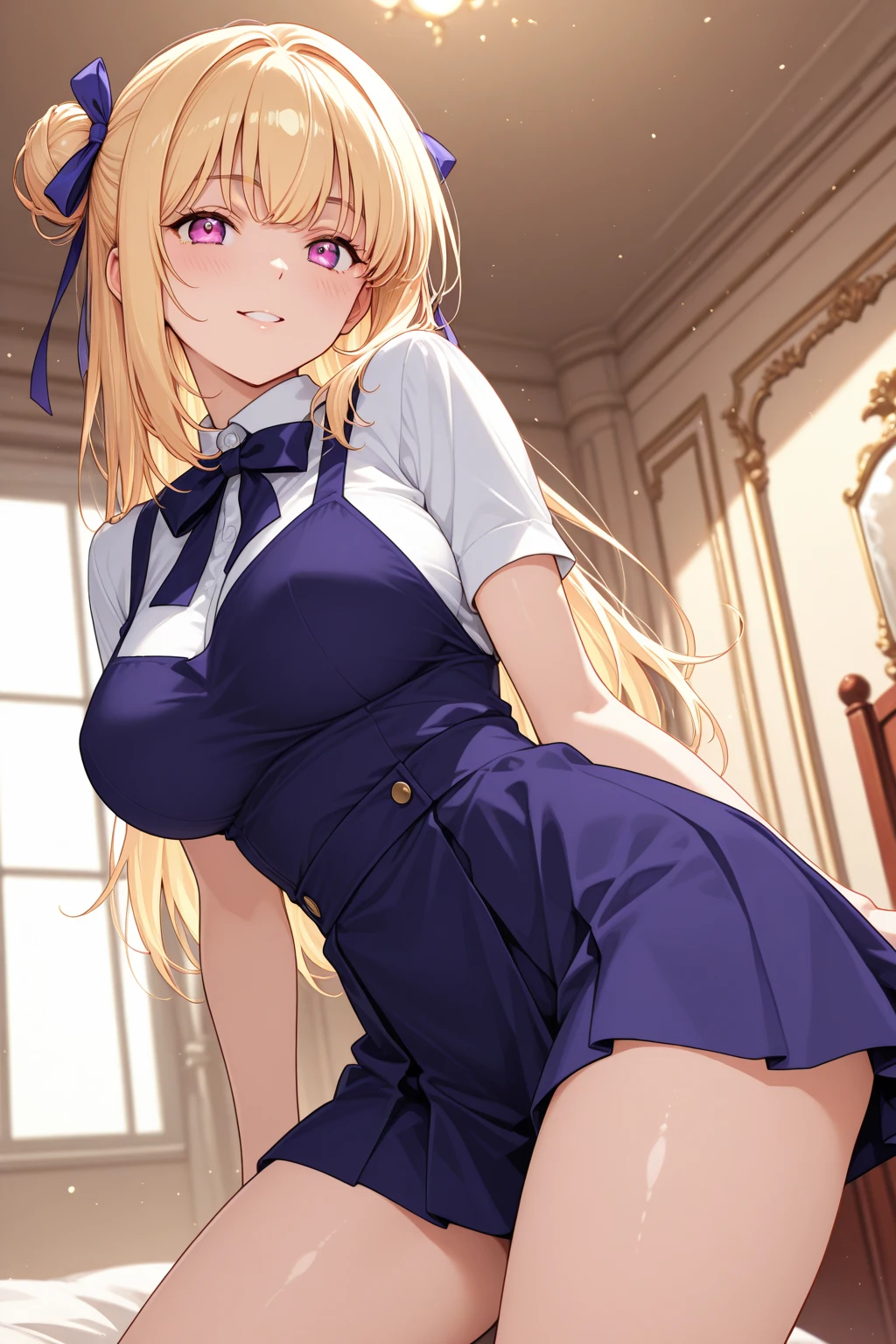 masterpiece, best quality,pregnant junior high school girl、1girl、
blonde hair,twintails hairstyle、Scrunchie decoration on hair、Confident face、
(matanity maxi dress,ridge knitting)、school-blazer-jacket、Thighhighs of black 、