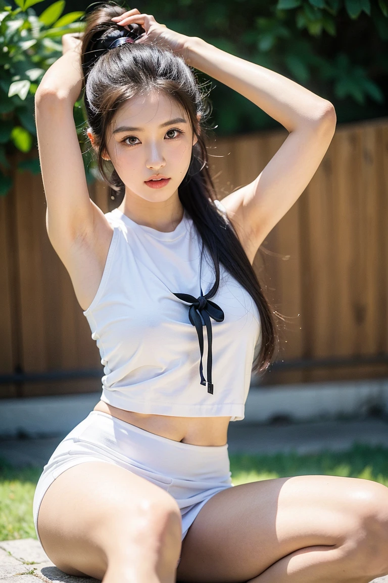 Cute 18-year-old girl, god, Short Girl, A slim body, Small boobs, Small breast, Small booty, ultra mini skirt, detailed face, beautiful eyes, long eyelashes, cute expression, Minimalist interior, dark-toned interior, photorealistic, 4K, high quality, hairstyle two ponytails, Short skirt, sneakers, sitting on the floor, front view, full body