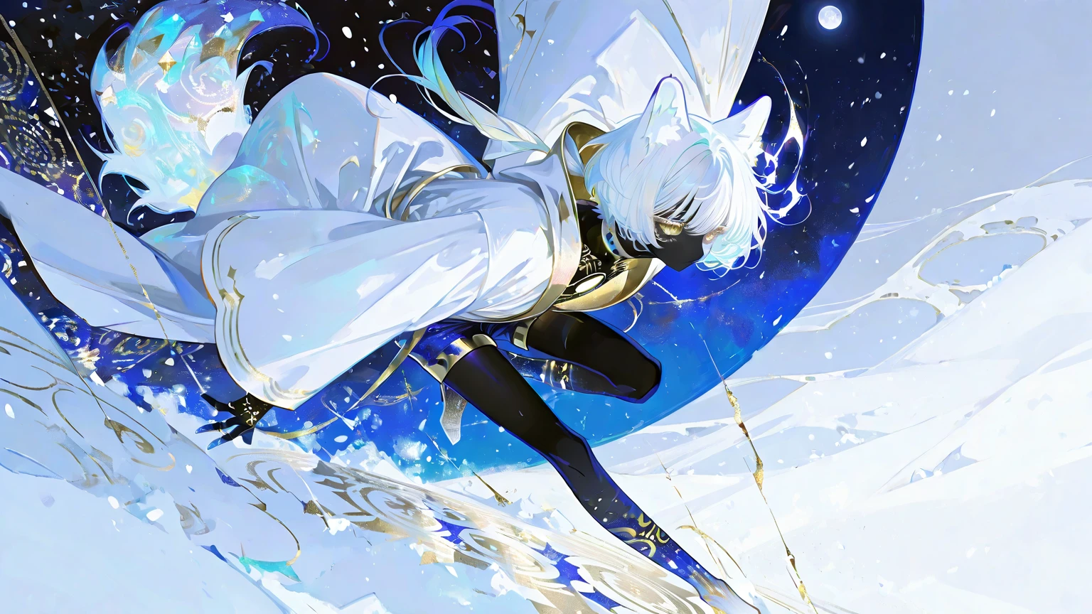 shota, long hair, space eye, glow eye, femboy, noen city, snowfall, midnight, fox ear, deep blue ear, fox tail, deep blue fox, deep blue jacket, cute, collar, Two tail, space katana, god , fur body, full body, the lower body is naked, snow fox, character, master piece, fluffy tail, current, shy, NFSW, Highest Quality, 8k, full HD, four ear fox, winter, oc, nude, soul fox blue, nsfw, r-18