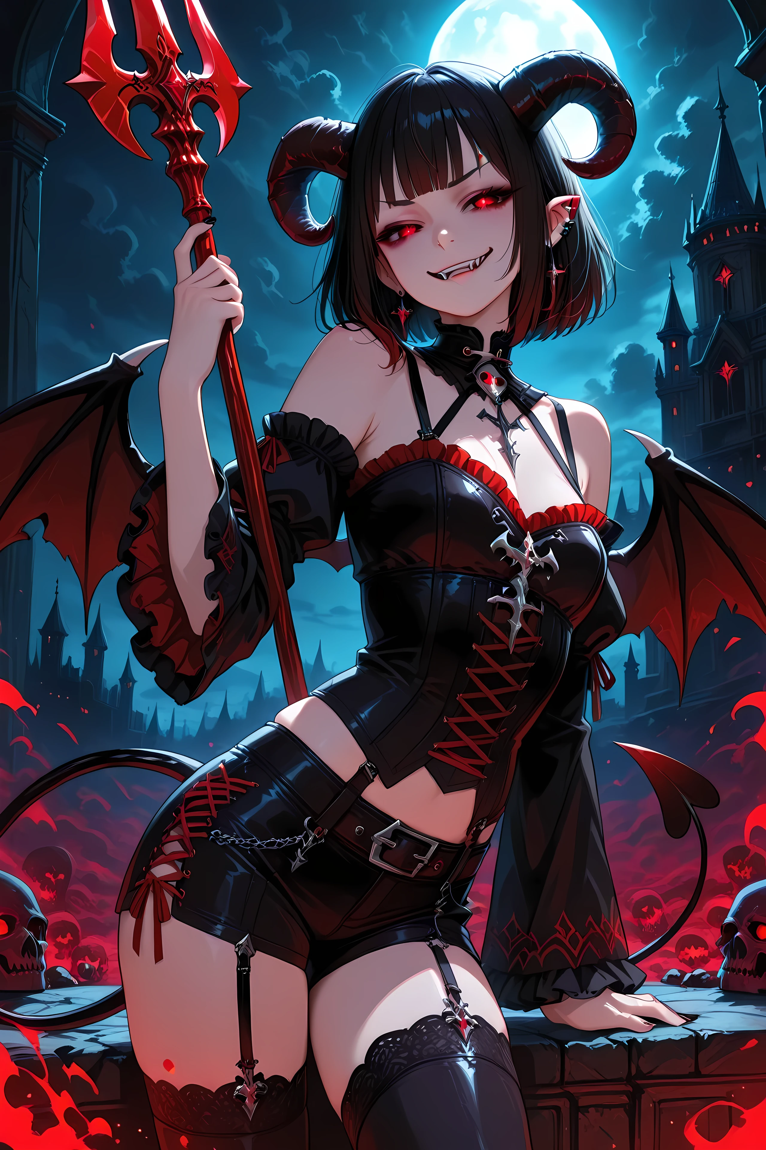An 10-year-old devil bratty girl with long jet-black hair and piercing vampire eyes, giving a wicked, evil stare. She is holding a devil trident. emphasizing her dominance and seductive danger. She has Big goat horns, a thin pointed demon tail curling behind her, and wears a dark gothic outfit with hints of leather and crimson lace, revealing but not explicit. Her expression is malicious, with a twisted, playful smirk. The background is a massive, ancient vampire castle with dark gothic architecture, moonlight piercing through stormy clouds, and eerie red ambient lighting. Add high detail, cinematic lighting, sharp shadows, and a dark fantasy atmosphere. Ultra realistic, 4K, highly detailed, masterpiece. She has a cute gargoyle pet