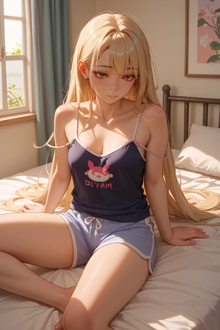 photorealisim、top-quality、超A high resolution、Detailed Focus:1.3、Japanese high school  girl、18year old、Girl in uniform sitting on bed、low  angle shot:1.5、M-shaped legs:1.4、She opened her legs wide:1.5、Sitting with your knees bent and your legs spread、Hands behind your back、((Show panties:1.5))、sexy look at the camera、((blondehair))、((pink panties))、Close-up in panties:1.4、Light blue shirt、Dark blue tartan plaid pleated skirt、Dark blue socks、Detailed cute and beautiful face、(pureerosface_v1:0.008)、Brown-eyed、eye liner、red blush、embarrassed from、glares、 shiny lips: 1.4,  impatience、Frightened、glares、Panty appeal、Close-up in panties:1.3、red blush、is crying、Crying、Open knees、open one's legs、Disheveled clothes、Dressing、Medium Long Hair,In the bedroom、Anatomically accurate human body、perfect arms、perfect hand、Perfect fingers、perfect leg、accurate human body