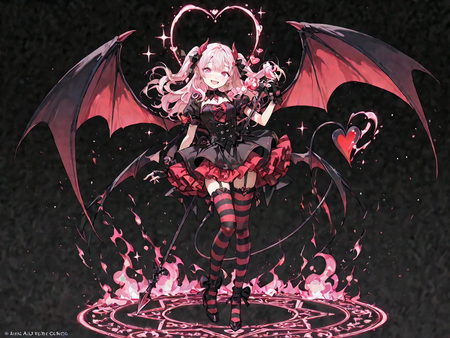 official art, unity 8k wallpaper, ultra detailed, beautiful and aesthetic, High quality, beautiful, masterpiece, best quality, (zentangle, mandala, tangle, entangle:0.6), flat color, limited palette, low contrast, a cute girl serving cake to demons, pink, black, bright pastel colors, kawaii, (horror), eerie, rabbit skull, goat skull, in hell, creepy, demons, claws, best lighting