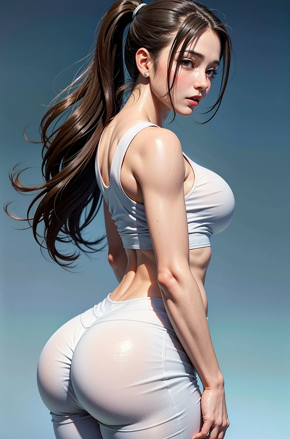 (hyperrealistic), (illustration), (high resolution), (8K), (extremely detailed), (best illustration), (beautiful detailed eyes), (best quality), (ultra-detailed), (masterpiece), (wallpaper), (detailed face), solo 1 girl, white wavy hair, korean, heterochromic eyes, small moles under the eyes, loose white shirt, yoga pants, big breasts, long legs, tight abs, camel toes, dynamic pose
