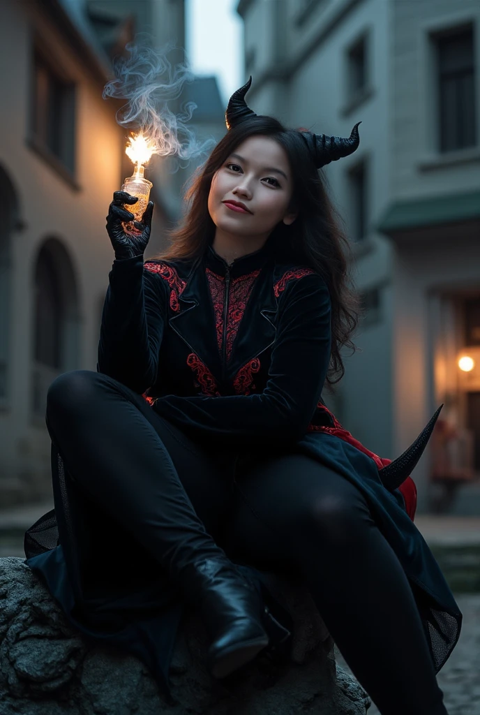 A serpentine black dragon magically transforms into a lovely Malaysian woman (dressed like a Romanian trollop), set in a medieval European village under a full moon. She is a trickster spirit and has seduction to get up too, her dress ACCIDENTALLY drops off how clumsy (show her from head to toe, she hand bra covers herself just enough to be SFW)