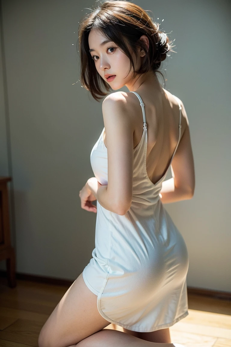 (8K, highest quality, Raw photo、masterpiece: 1.2), Super detailed, highest quality, ultra high resolution, professional lighting, photon mapping, radio city, Physically based rendering, cinematic lighting, written boundary depth, I focus,1 girl,17 years old、 (Bedroom), (full body shot), ((China dress)) (looking at the viewer:1.3) very slim, medium breasts, ((return)), ((from behind))(buckshot), ((Posing seductively on all fours on the bed, look up frivolously)) ((Seductive pose on all fours on bed, look up frivolously)) cute, white skin、looking at the viewer, light smile,alone, (orgasm face)enchanting smile, wide opening, professional lighting, Sony α7R4, Zecy 50mm F1.8, medium breasts,thin and beautiful eyes,