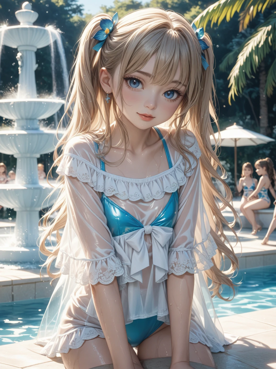 extremely delicate and beautiful, depth of field, barbara_genshin, A young girl with small breasts in a colored semi-transparent nightgown sleeping on a bead, slender body, perky tits, (((small breasts))), detailed eyes, masterpiece, ultra-detailed, ultra quality, HD, Nikon, realism, nsfw, smiling, blonde_hair, blue_eyes, bangs, long_hair, naughty pose, add_detail:1, tits out, real skin texture, perfect limbs, perfect anatomy