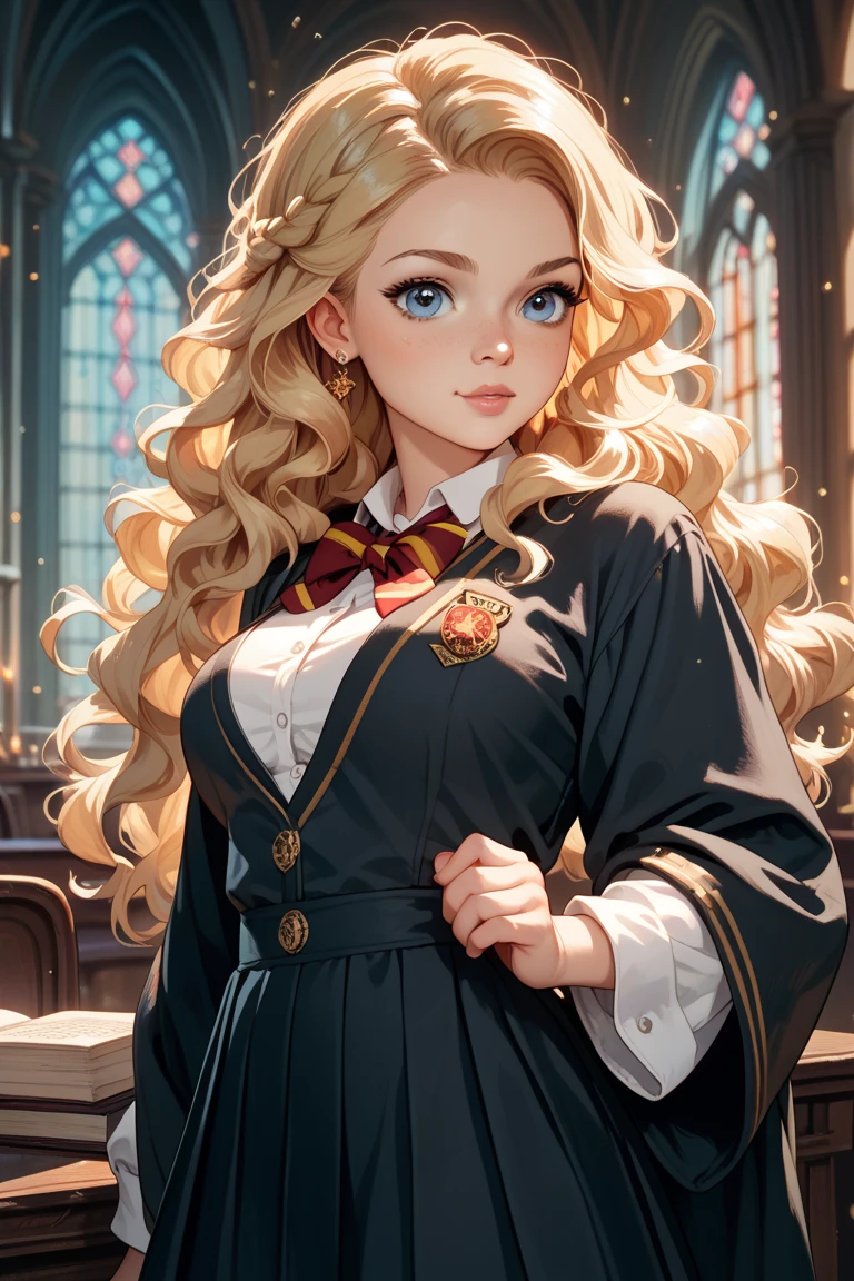 A young girl with curly blonde hair, violet eyes, pale skin, pink lips, wearing the Ravenclaw uniform from the Harry Potter series, in an erotic and sexy pose 