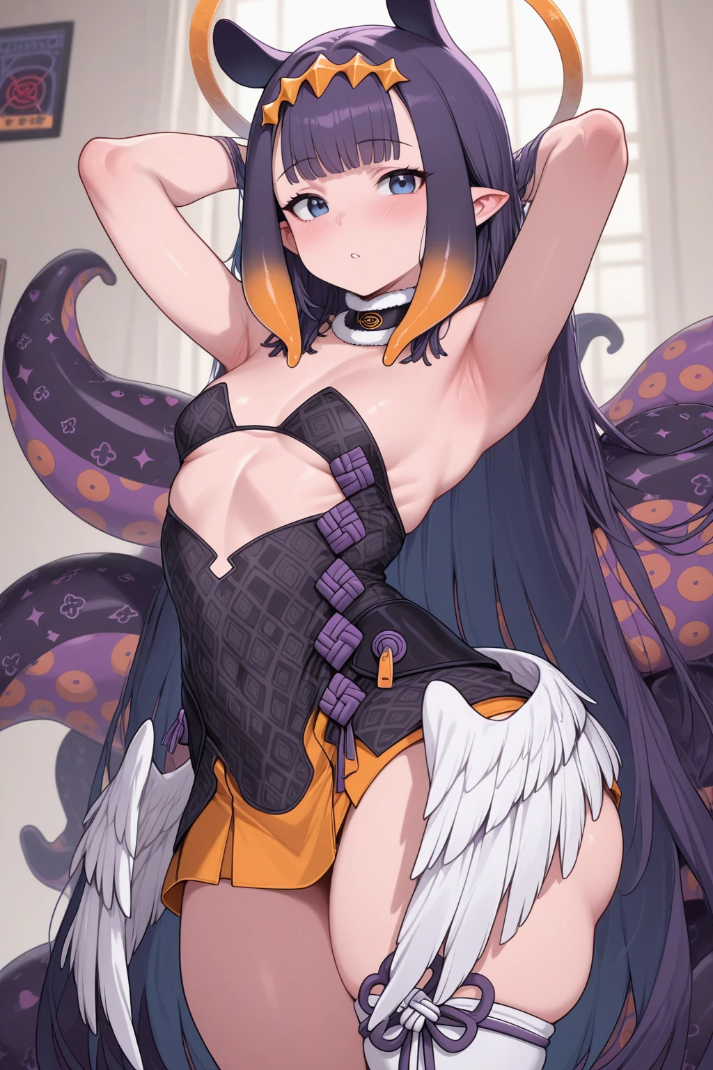 best quality,masterpiece,(realisticlying:1.4), 1-Girl,黑The eye,((from below)), smile, sitting,Big-chest,slim, bare legs, showing legs and feet, sexy pose, and cute, feet ((NSFW)). 8k, beautiful eyes, beautiful body, ((Good anatomy)), young girl, black hair with blue strands, blue eyes, small ponytail, full body, beautiful body, Highly detailed, bangs, short hair, big breasts, barefoot and bare legs, looking_at_viewer, sexually suggestive, sexy pose, nude, soles, ankles, thighs, sitting, ((shy smile)).