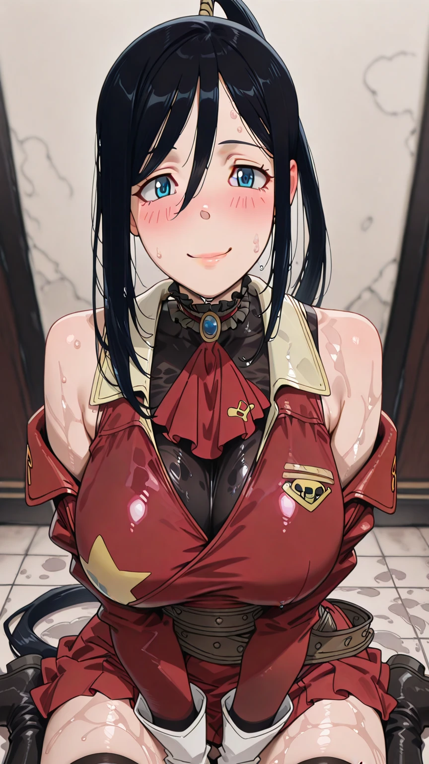 1 girl, 23 years old, south korean, idol, masterpiece, perfect face, soft skin, freckles under eyes, short whavy hair, bob haircut, red lock of hair, shiny red eyes, massive breast, red bikini, red lips, natural makeup, red eyeliners, evil grin, looking down, low angle, in a apartment.