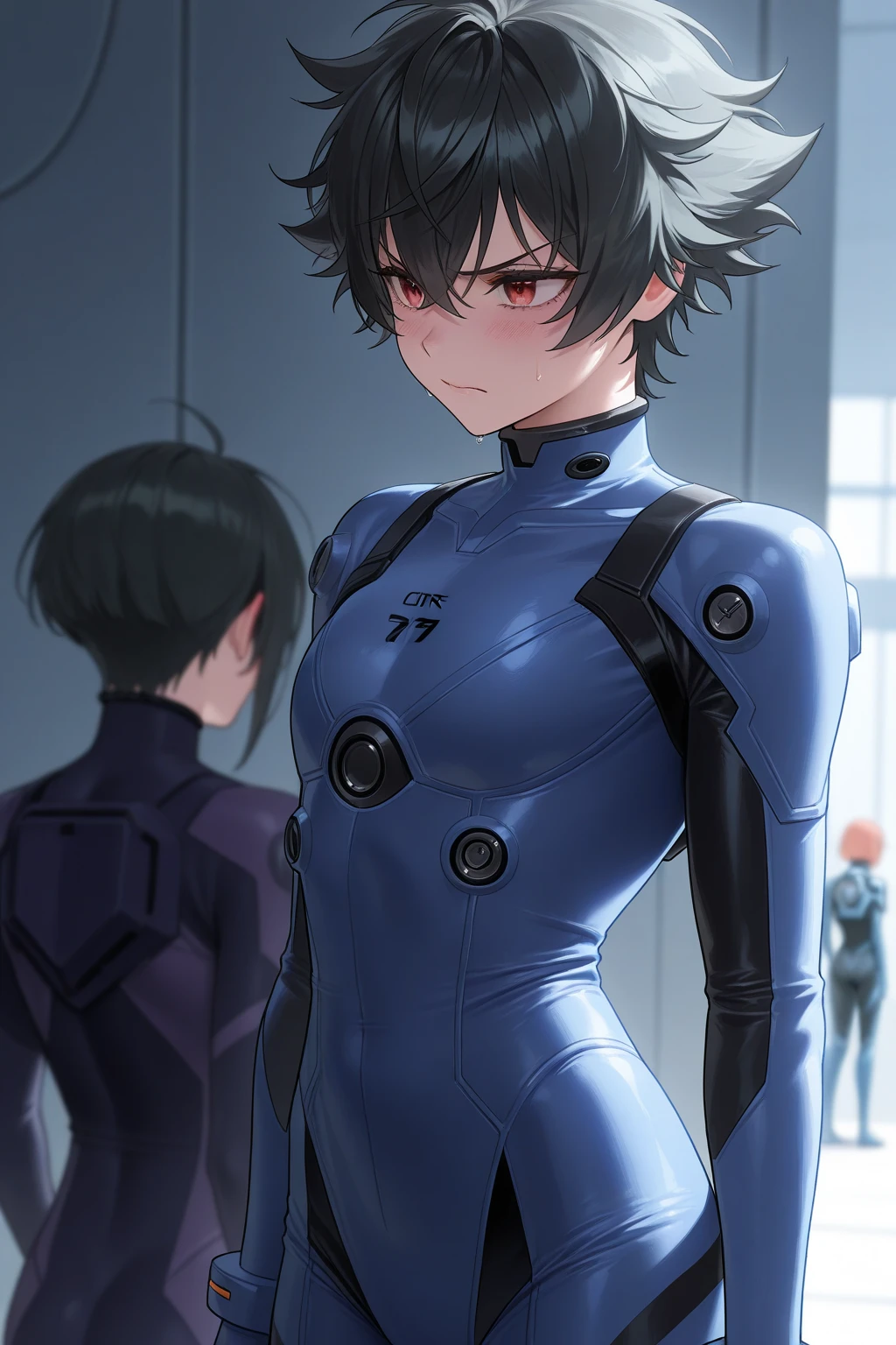 (masterpiece, best quality:1.3) (nsfw8) (((1boy))), (((anime boy))), 20 years old, muscular body, black hair, black latex plugsuit, black latex, skintight no zipper neck entry black latex plugsuit, fullbody black latex plugsuit, , cat ears, cyborg eyes, latex, cyberpunk, round cyberpunk chamber, (thick cables plugged on chest1.5), red lightning, (brainwashing), blank stare, flat crotch, restrained, (heads-up display), wearing black lipstick, (((cables plugged into cat ears3))), (((transformation into robot3))), (((assembly line arms5))), charging port on anus, (((charging cable plugged on anus3))), visible charging, (battery percent level on upper chest), charging station, cables plugged into spine, aquamarine plugsuit lightning, chin guard, aesthetic, detailed