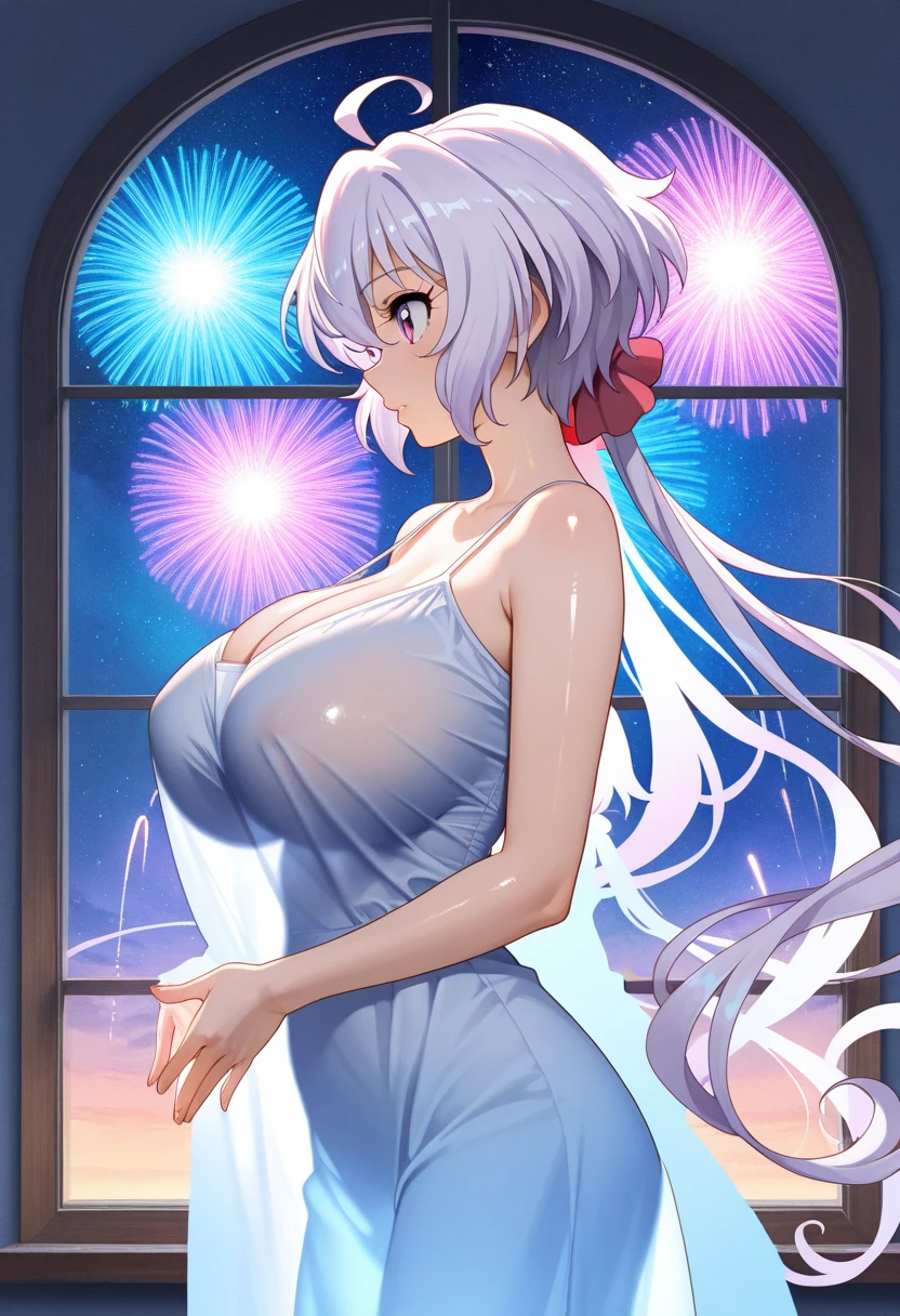 score_9:1.6, score_8_up:1.4, score_7_up:1.2, honoka, one side up, pink hair, LuxuriousWheelsCostume, silver dress, indoors, ((massive breasts, wide hips, thick thighs, venus. huge ass, venus body)), looking at viewer, smiling, ((holding drink)), sexy pose, balcony, night moon, fireworks