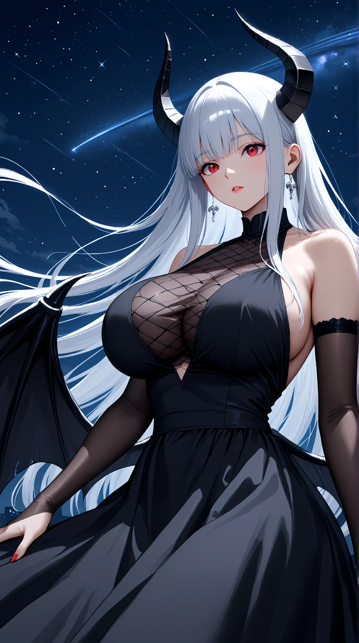 Masterpiece, very detailed, ultra detailed, one, (1 female succubus), She is in a Gothic black leather dress, in the style of a milf, mature mother, with blue skin color, long white hair and straight bangs, thin icy demonic horns, thin icy long and sharp tail, beautiful, charming, eyes - icy blue (blue) irises and black sclera, elegant, big breasts, serious face, neutral face, charming, on the background and around her huge snow ice and cold
