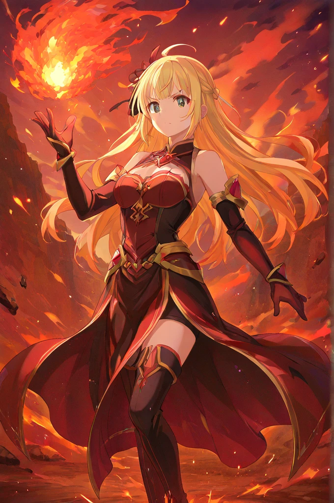 Blonde flat chest,Demon King,gold gemstone crown,red爪子,red龍尾,red,thong,Thin legs,red鐵靴子,Blood Pool