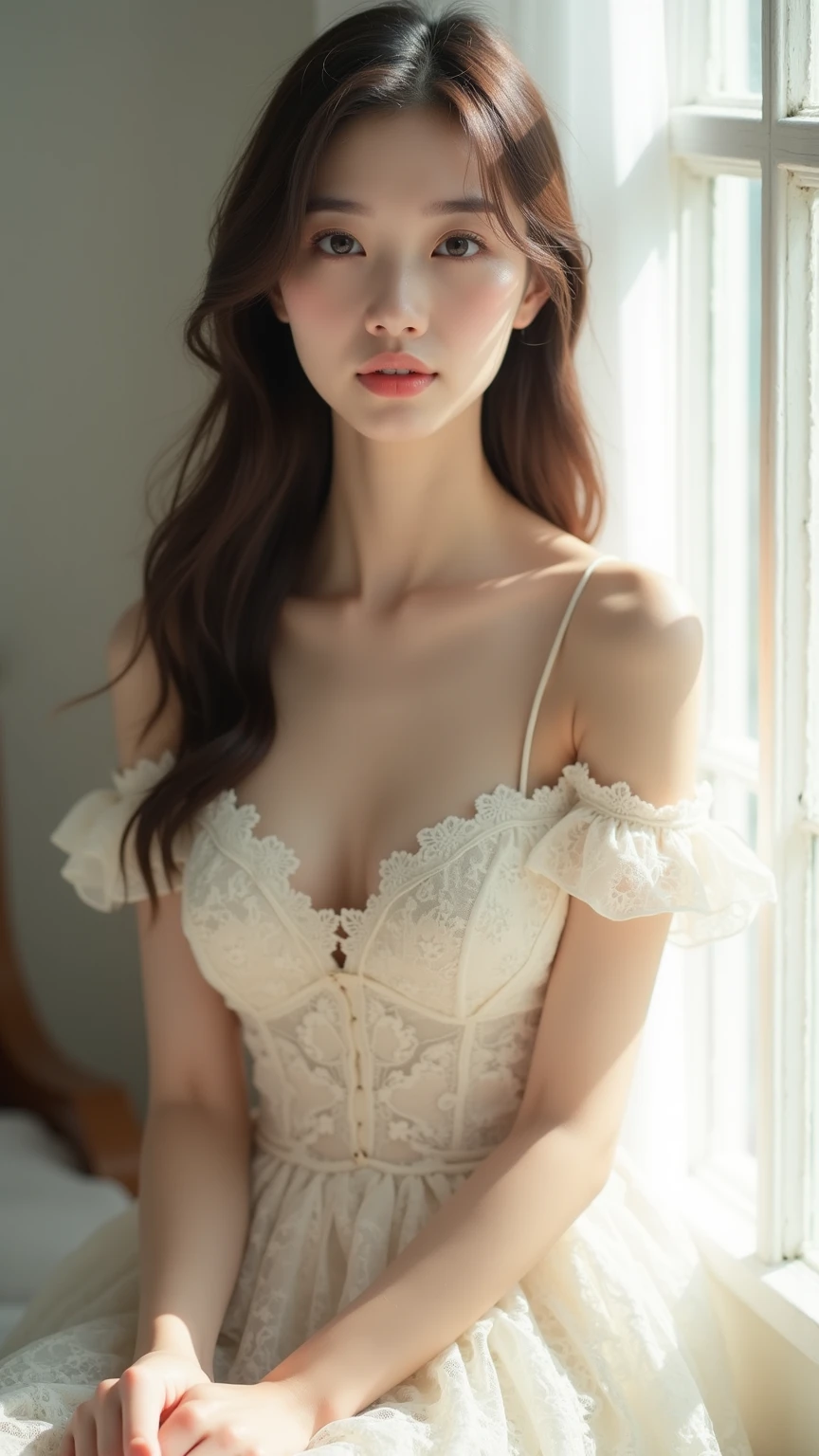 best quality, masterpiece,intricate detail, depth of field,highest quality,extremely detailed,high res,4k,ultra high res,detailed shadow,ultra realistic,realistic,dramatic lighting, 1girl, solo,detailed face,detailed eye,realistic skin,narrow waist,lace, lace trim,dress,delicate pattern, intricate detail,