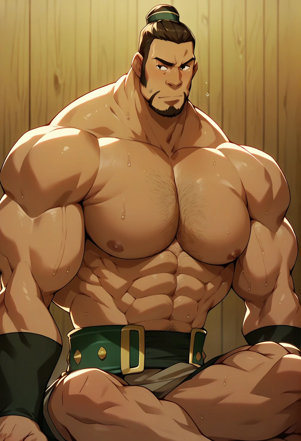 1boy asian male, (korean man with k-pop idol look), black hair, giant, model shoot style, looking at viewer, standing, strong body, standing, in the rainforest jungle, exotic skin, traditional tribe costine, prominent muscle bulge, brutalmass, detailed face, heavy muscular, stubble, photo real, sexy, big, brutalmass, giant, muscular body, bulk, massive body, large size, smile, illuminating light, sunrise, outdoor. (best quality:1.5, hyperrealistic:1.5, photorealistic:1.4, madly detailed CG unity 8k wallpaper:1.5, masterpiece:1.3, enthusiastically detailed photo:1.2), (hyper-realistic lifelike texture:1.4), highly detailed, ((masterpiece, best quality))