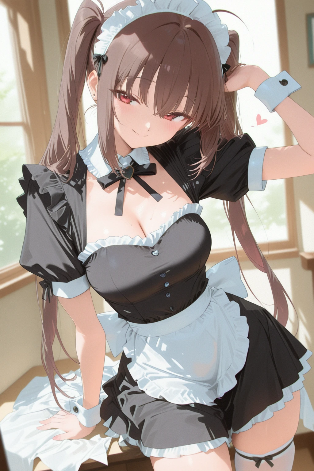 1girl, solo, cowboy shot, bent over, leaning forward,
<lora:marciana-nikke-richy-v1:0.7>, marciana, brown hair, very long hair, cleavage, breasts,
maid, maid headdress, maid apron, detached sleeves,
looking at viewer,
head tilt,
indoors, hallway,
<lyco:glaringV_Conv2D:1.0>, glaring, angry,, weird atmosphere, (best quality:1.1), (masterpiece:1.2), high quality shadow, beautiful detailed, (high detailed skin, skin details), (wide_landscape, 8k), beautiful face, detailed eyes, depth of field, dramatic light, best quality, highres, best shadow, best illumination,