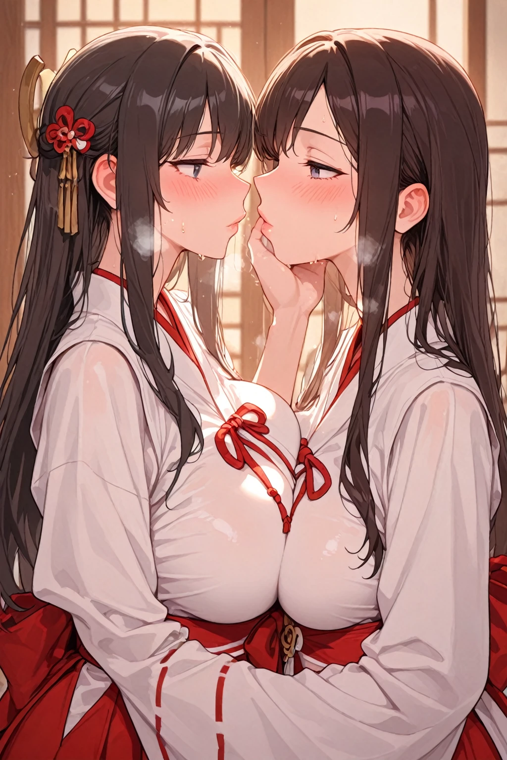 Rivertsukatsuki, River, black hair, (red eyes:1.5), Bun Hair Floral Headband、Extremely large breasts(4700)、 Two people hugging each other、Lace ランジェリー
