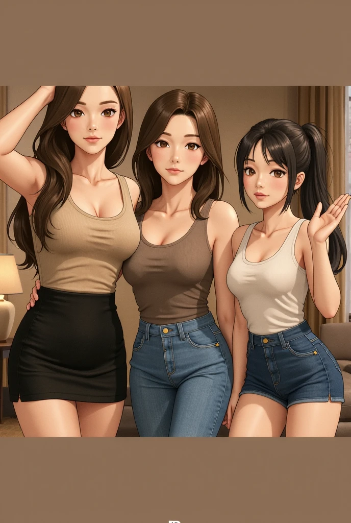 four pictures with different expressions in the same drawing style each shows one woman and two other girls, a few cartoon images of the same female character that i'm not sure what this is, a young girl touching her stomach and her breasts, a collection of sketches of several women, two pages show a woman in underwear next to another girl wearing a thongy panties