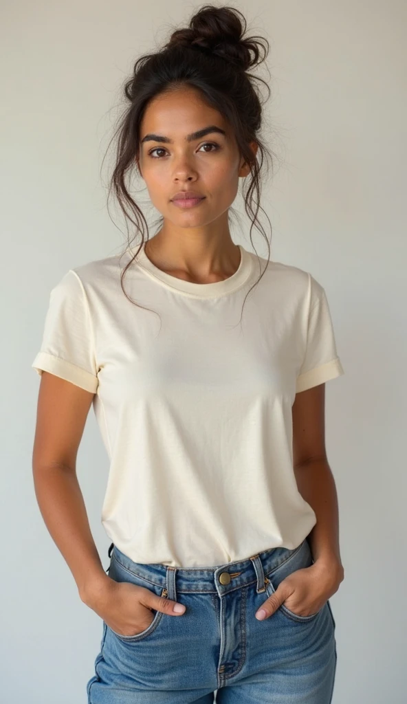 beautiful brazilian woman, curly hair, standing straight facing forward,with white t-shirt, ripped denim jeans pants, on a greyish background, cotton t-shirt texture, fitted t-shirt, round neck, striped tights. Medium camera shot.