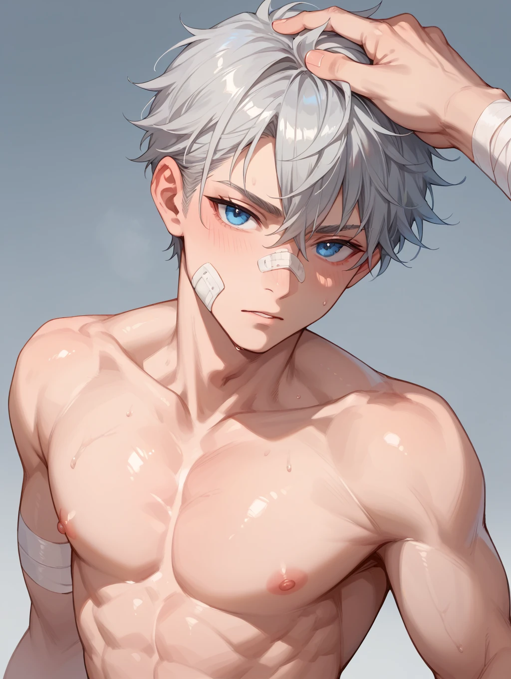 Anime guy shirtless
White hair
6 pack abs 
Strong chest
