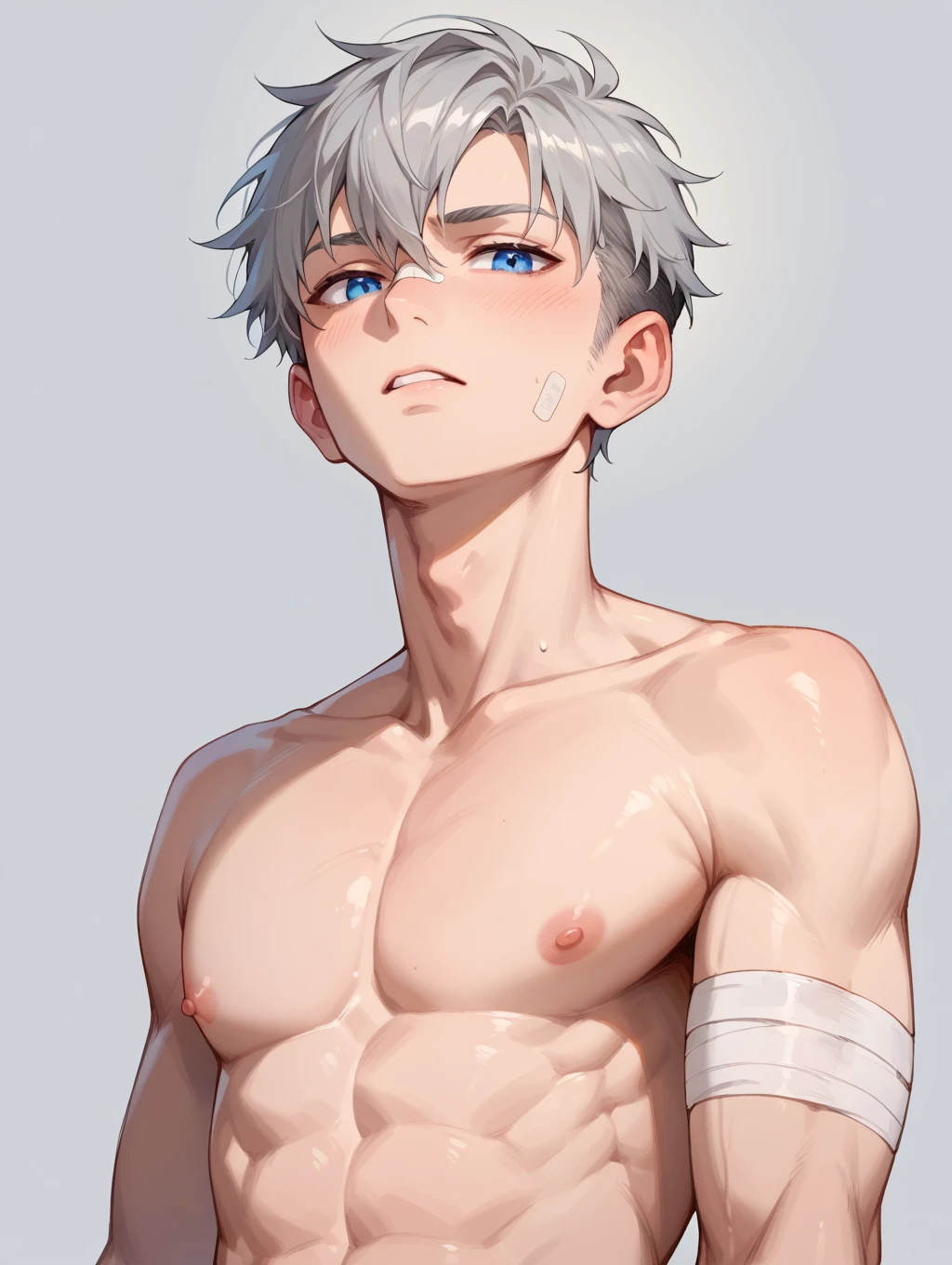 1boy, glowing, sidelighting, wallpaper,masterpiece, best quality, high quality,10yo, male focus, full body, looking at viewer, white hair,spiky hairstyle, short hair, steam smork, japan style, anime coloring, shy, home muji style, detailed face, topless, white towel on waist,white silk, outdoor, sweat,bulge