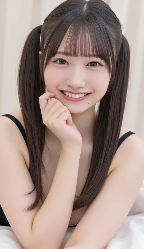 gal,girl, Thin Waist,absolute resolution full body photo of a beautiful Japanese idol with long legs, 18 years old, small , slim figure, photorealistic, masterpiece, Highest Quality, very detailed, complicated details, dramatic lighting, 8k, from above, black hair, low twin tails, embarrassed, tearful, (model body type, Little Sana Head, Xiaoyan:1.2), (sheer black babydoll), ((black over-knee socks)), (lying on back on bed:1.5, ), on the bed, perfect hand in h, Perfect Anatomy,