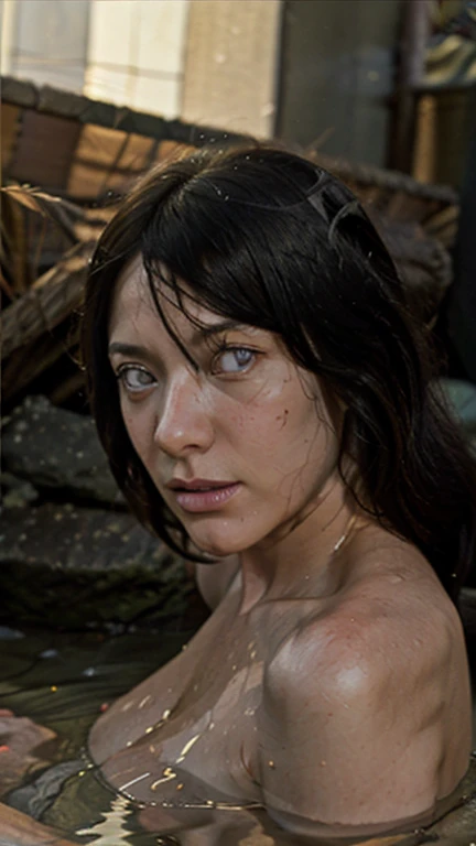 score_9,score_8_up,score_7_up,fine details in everything, look of disgust, porcelain like skin, wet skin, blue eyes, (straight hair:1.4), long hair, black hair, (shadows:1.4), (forest:1.4)
