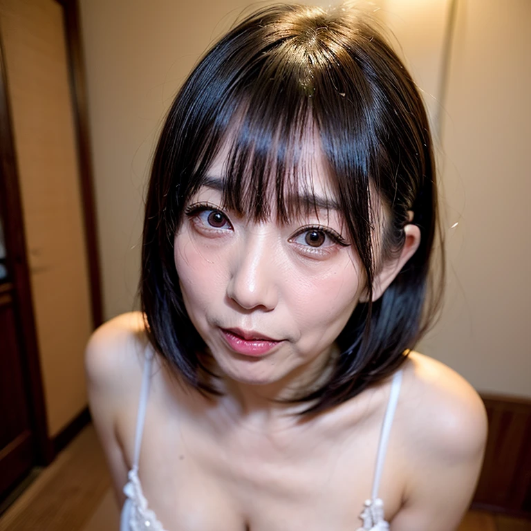 Portrait, Beautiful Japan Woman. Round face, Straight medium hair, Bangs, cosmetics,Small eyes ,widely spaced eyes,Tsurime,pink pink eyeshadow,Mole under the eyes, small mouth, thin lips, Red lips,pink cheek,Smiling face, Round glasses, fullnude,small tits, Weaning,big butts,Plump,Belly,(being stumpy:1.3),thighs thighs thighs thighs,Pubic hair,in room (Stand in front of the wall:1.4)masutepiece, of the highest quality, super detailed