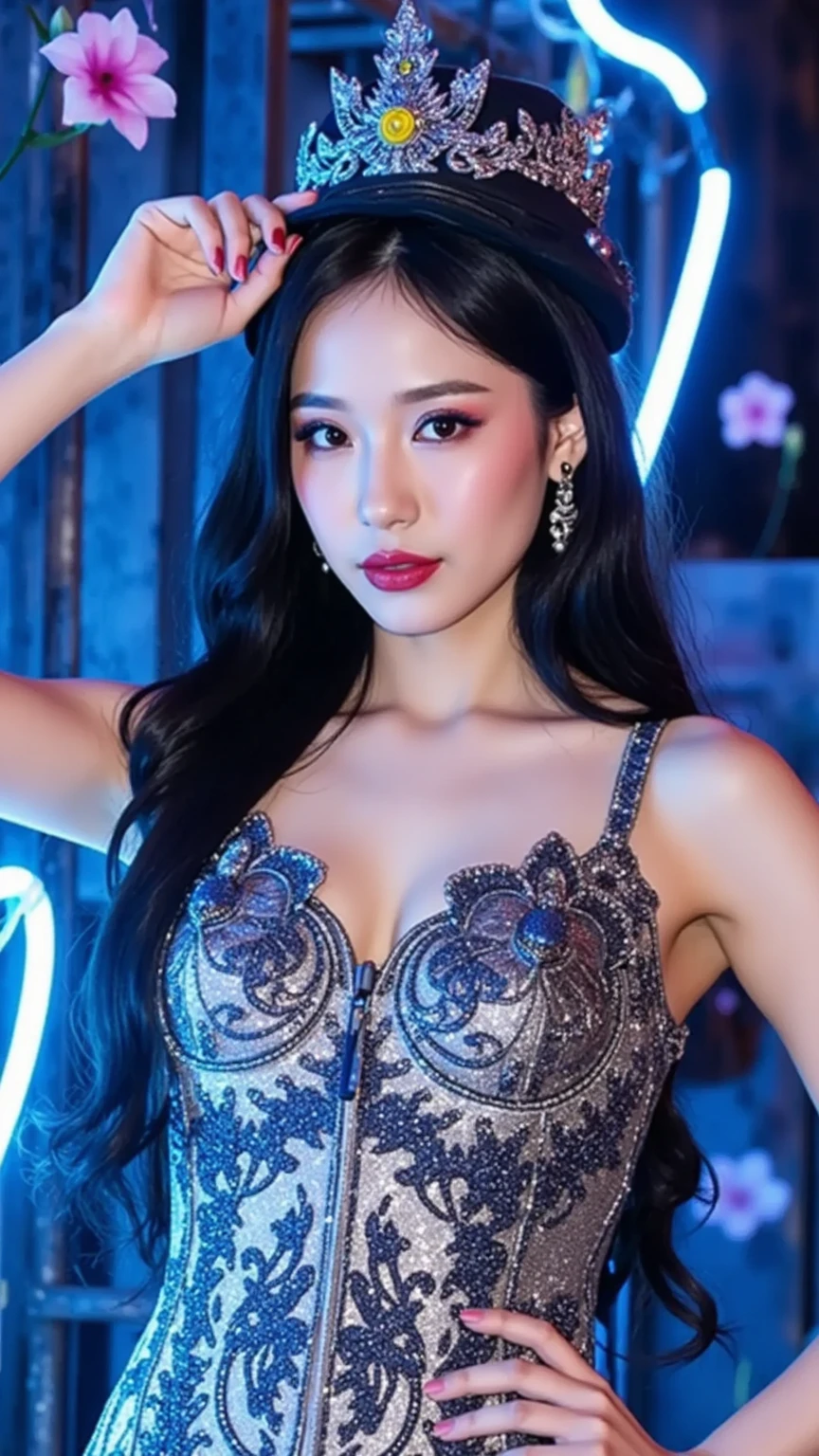 ((New York City at night))，((Spectacular night view))，Inspired by the 007 movie，（Dramatic:1.3），(Top quality, Original Photography, Ultra HD), (Reality: 1.4), RAW photos, 3 beautiful women，Belly dancer, Beautiful long hair，stunning beauty，Very detailed face，With a mask，Black Hair, Real skin texture，Full body portrait, (((Detailed belly dance skirt、Micro Fashion Bikini)), Very detailed costume，jewelry on dance skirt，Very huge cleavage，Slender abs，Detailed abs，Lace panties，(Long slender legs:1.2)，standing atop a mountain peak，In the distance is the night view of the modern city，Turn your back to the audience，Show your butt