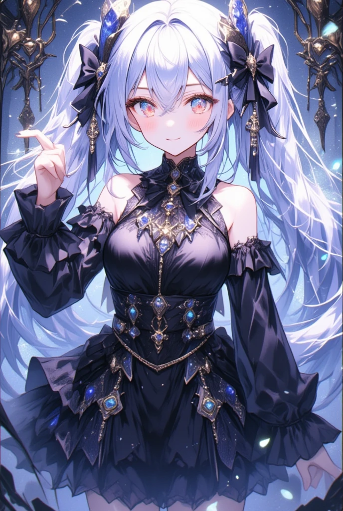 Dramatic composition, court-style dresses, royal, gorgeous, cascading frills, ruffles, bows, crystal chandeliers, Roman curly hairstyles, ponet, double ponytails like drills, look at the camera, bangs, maximalism, palatial background, delicate portrayal of hair and eyes, princess dresses, gorgeous skirts, flowers in hand, smiles, starry eyes, cinematic light, extreme detail, high definition, happy girl, very long hair, diamonds, broken diamonds, crystal fragments, light particles