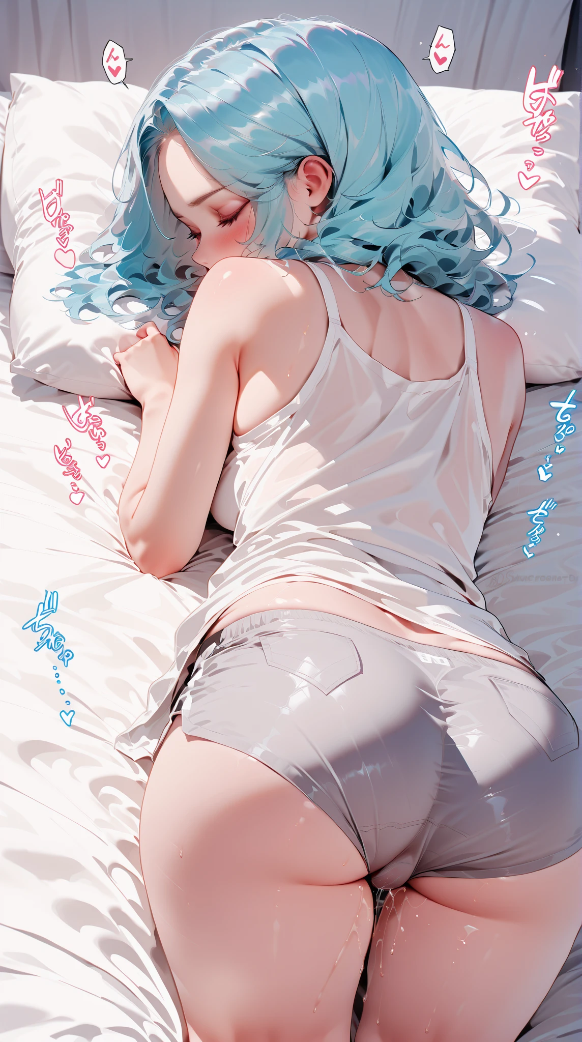 (masterpiece, best quality, high quality, high resolution, Extremely detailed),1 Girl,A girl lying on the bed，girl holding pillow，Enjoy，Big ，Solitary,beautiful eyes,Blue hair,Golden Eyes,,Happy,Close one eye,Solitary,thighband pantyhose