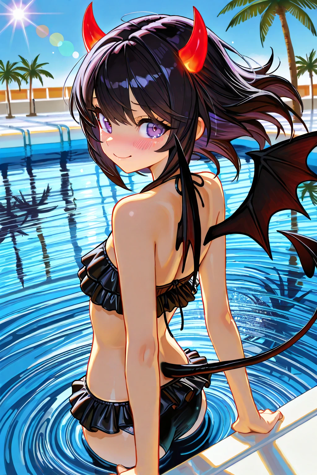 18-year-old,Succubus,Purple Bikini,Tight waist,A beautiful woman,Beautiful breasts,Outdoor,Beach,Goat horns on the sides of the head,bat wings on the back,,Embarrassed