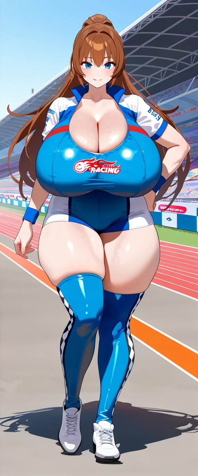 nsfw,anime,anime style,high resolution、high quality、masterpiece、4k,8k,POV,(torino_kazami,mature female,(gigantic breasts:1.4),(plump:1.2),brown hair,brown eyes,updo,lipsticks,wide hips,thick thights),(high quality、high resolution、Masterpiece,4K,8K:1.2),(Race Queen、Outdoor、circuit、F-1 race,racing car,sexy,erotic:1.3),(Confetti、The masses:1.3),full body