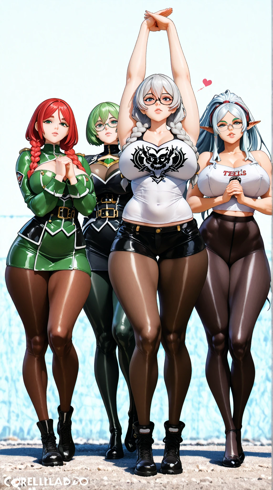 3 gorgeus women, olhos verdes profundos amendoados, muscular arms, Ultra HD, retina, obra de arte, Anatomicamente Correto, pele texturizada, detalhes altos, premiado, Melhor qualidade, 8k, alto,( holster, gun holster, bondage gear, armwear, legwear, Choker, black gloves, elbow sleeves, yellow headband, pantyhose, harness, belt with pounches,), shirtless, bottomless, shaved pussy, large perfect breasts, wide hips, thick thighs, naked, clothless,