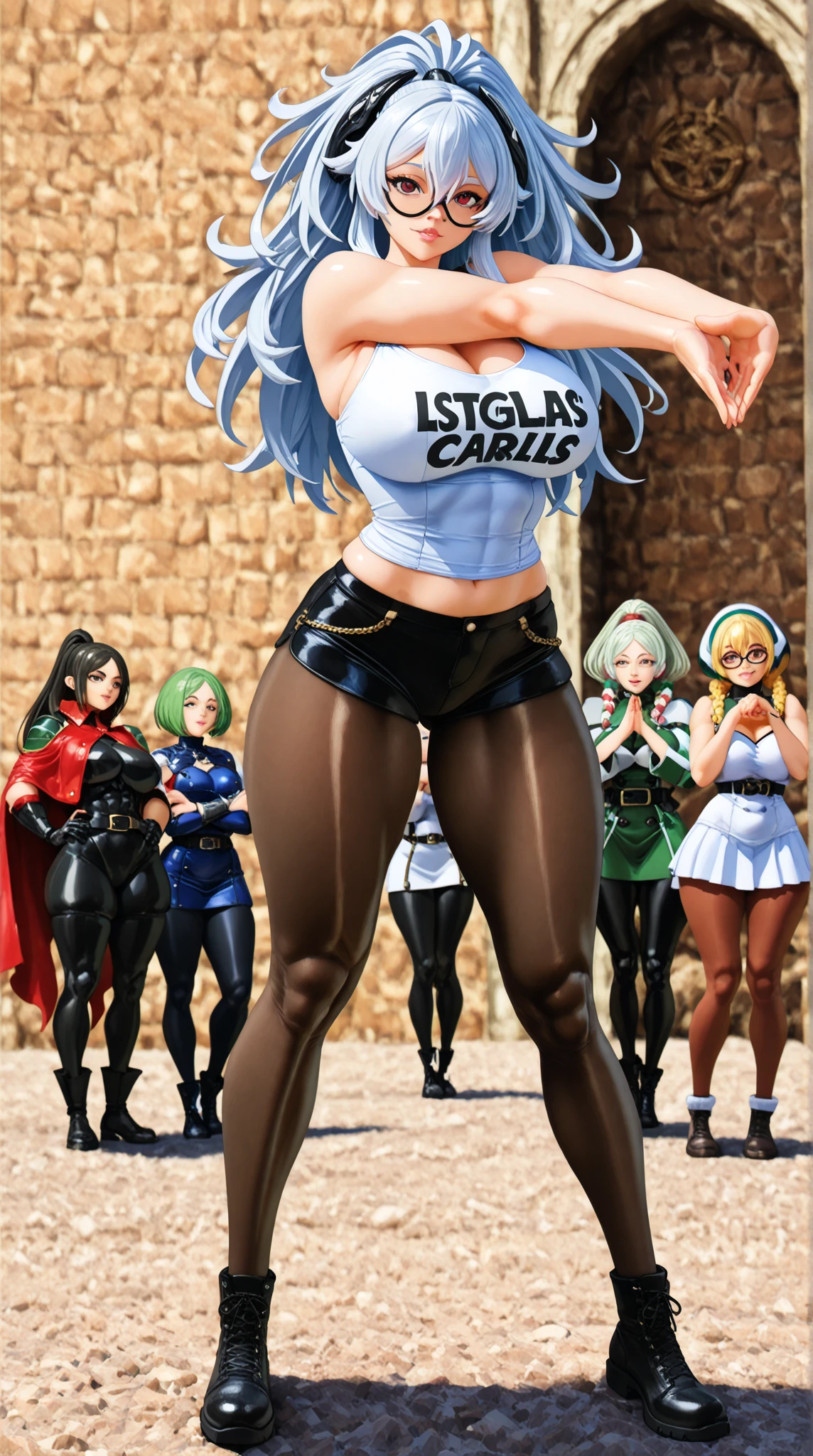 1 girl with a perfect body, Super fine face and eyes,long white hair, Tank top in random colors:1.2, short jeans pants, big boobs,Expose the cleavage