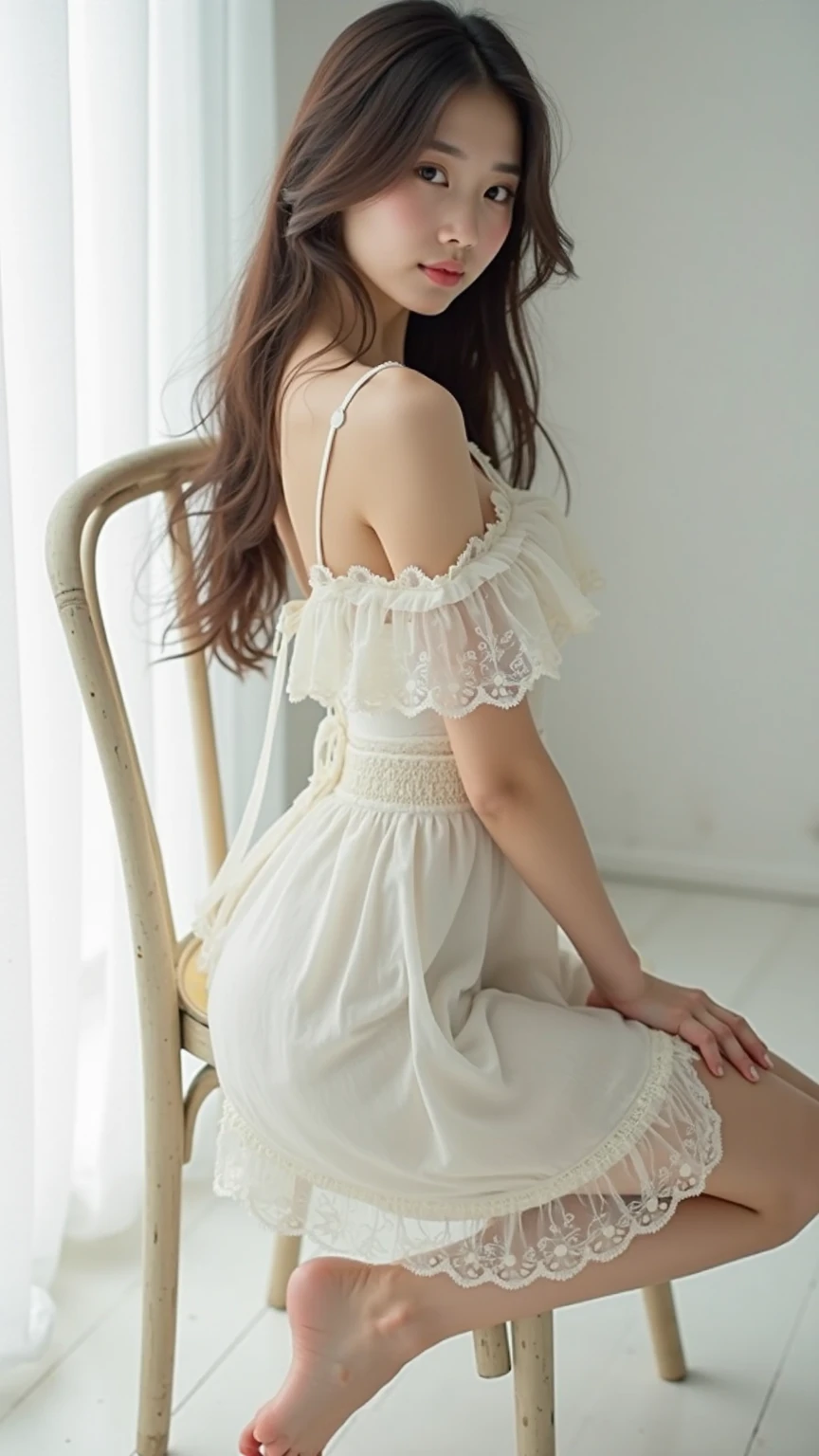 (Highest quality:1.4),(masterpiece:1.4),(Realistic:1.4),(Realistic:1.2),(超High resolution, RAW Photos:1.4),(High resolution, Very detailed:1.2),(8k:1.2),photograph,(Shot from behind:1.3)、Korean women、brown hair photos,One Woman,alone、((Updo long hairstyle))、((White,Lace nightgown:1.4)、((Toothy smile))、Slightly freckled、Realistic skin textures、Thigh to head shot、Focus on the buttocks、(((The buttocks are partially visible)))