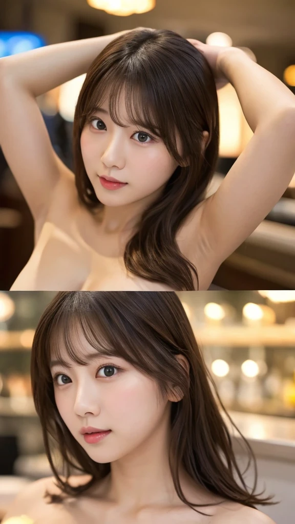 (masterpiece:1.3), high resolution, ultra detailed, extremely detailed CG unity 8k wallpaper, realistic, photo-realistic, RAW photo, beautiful detailed face, pale skin, realistic glistening skin, detailed cloth texture, detailed hair texture, Perfect body, Beautiful Face, accurate, Anatomically correct, Highly detailed face and skin texture, natural neck length, (beautiful hands), (fair skin:1.1), (well-aligned teeth:1.1), (Sweaty skin:1.2), 
BREAK, 
Detailed eyes, symmetric eyes, Light Brown eyes, Double eyelids, Thin eyebrows, (Glossy lips:1.4), ((A face with waiting for a kiss:1.2)), (blush:1.1), (A sparkling small hair accessory:1.1), (beautiful smile:1.1)
BREAK, 
(A classy and Cute woman1.3), (nude, nsfw, nipple, navel:1.2), 
BREAK, 
medium large breasts, slender figure, firm abs, 
((random hairstyle, Dark blonde hair, bangs:1.2)),  (cowboy shot:1.3), (looking at viewer), From above, 
BREAK, 
 (((standing at office:1.3))),