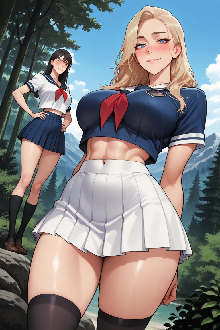 blonde hair, long hair, green eyes, cleavage, medium breast, skirt, slim legs, fighter, forest, guild, navel