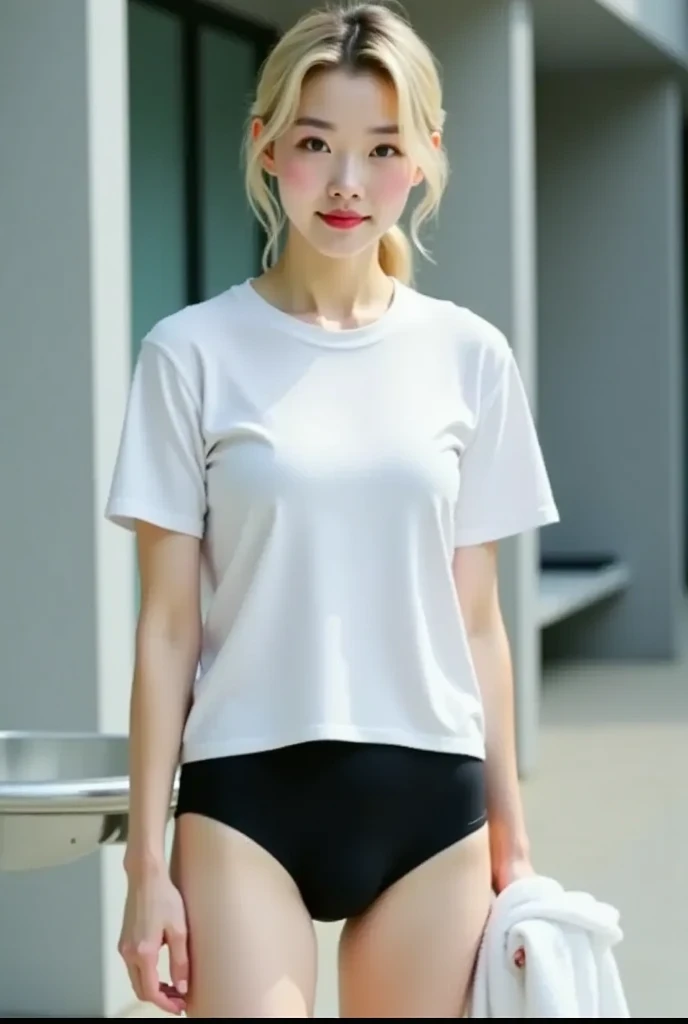 One girl, Short sleeve black t-shirt, short hair, 20-year-old Japanese, beautiful, cute face, pretty face, neat, smiling, 8-head body, height 165cm, weight 48kg, bust 83cm, waist 60cm, hips 82cm, Small breathts, Living in Hiroshima City, A college student aspiring to become a model, (((full body))), full face